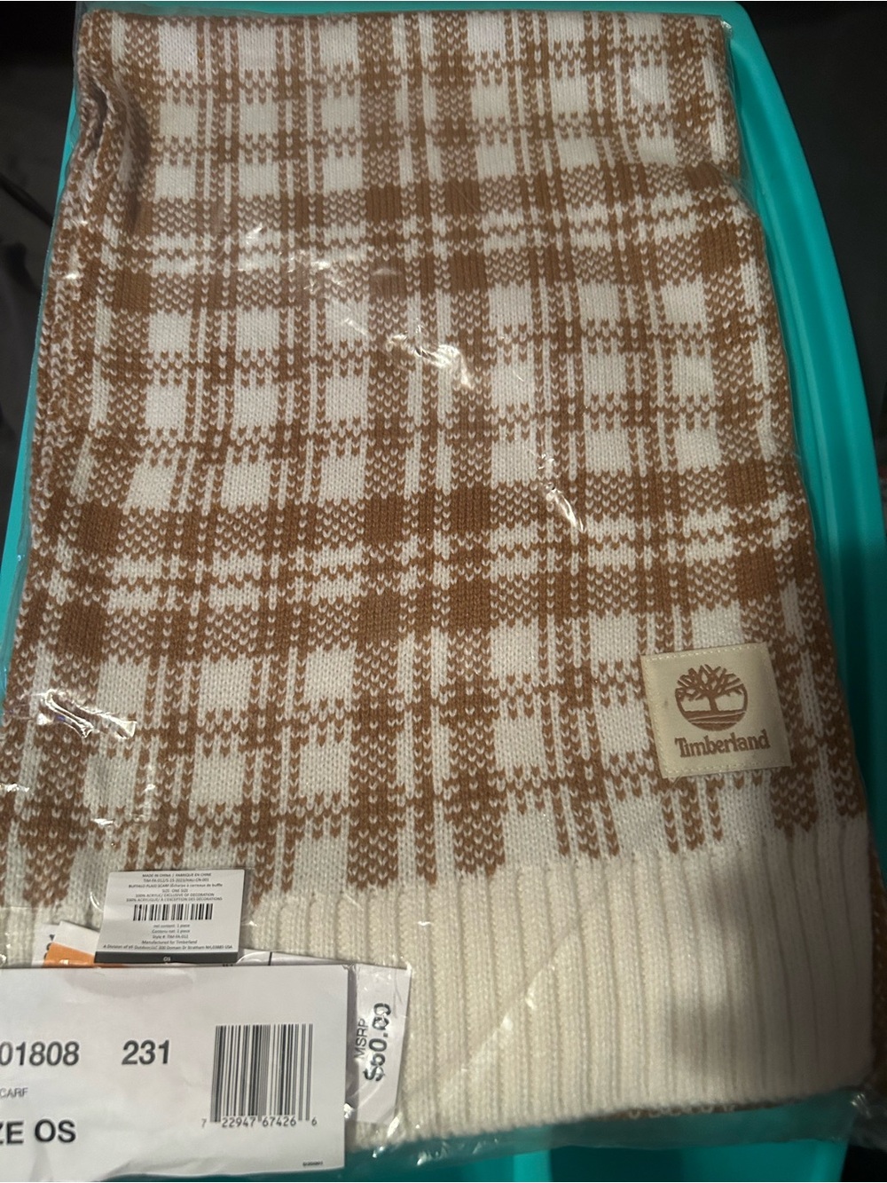 Timberland Neutral Plaid Knit Scarf in Cream & Tan